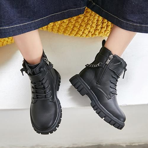 Girls Boots Fashion Children's Leather Boots-Black