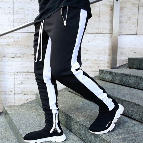 Black Combat Joggers With White Stripe Casual Pants