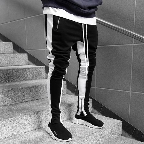 Black Combat Joggers With White Stripe Casual Pants