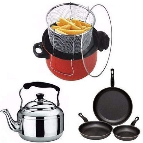 Manual Deep Fryer + Whistling Kettle & 3 Non-Strick Frying Pans Bundle