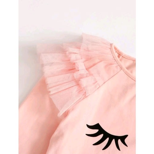 Girls Eyelash Layered Mesh Ruffle Top- Baby Pink Peach
