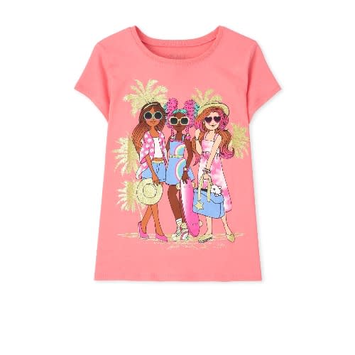 Girls Summer Squad Glitters Graphic Top- Peach