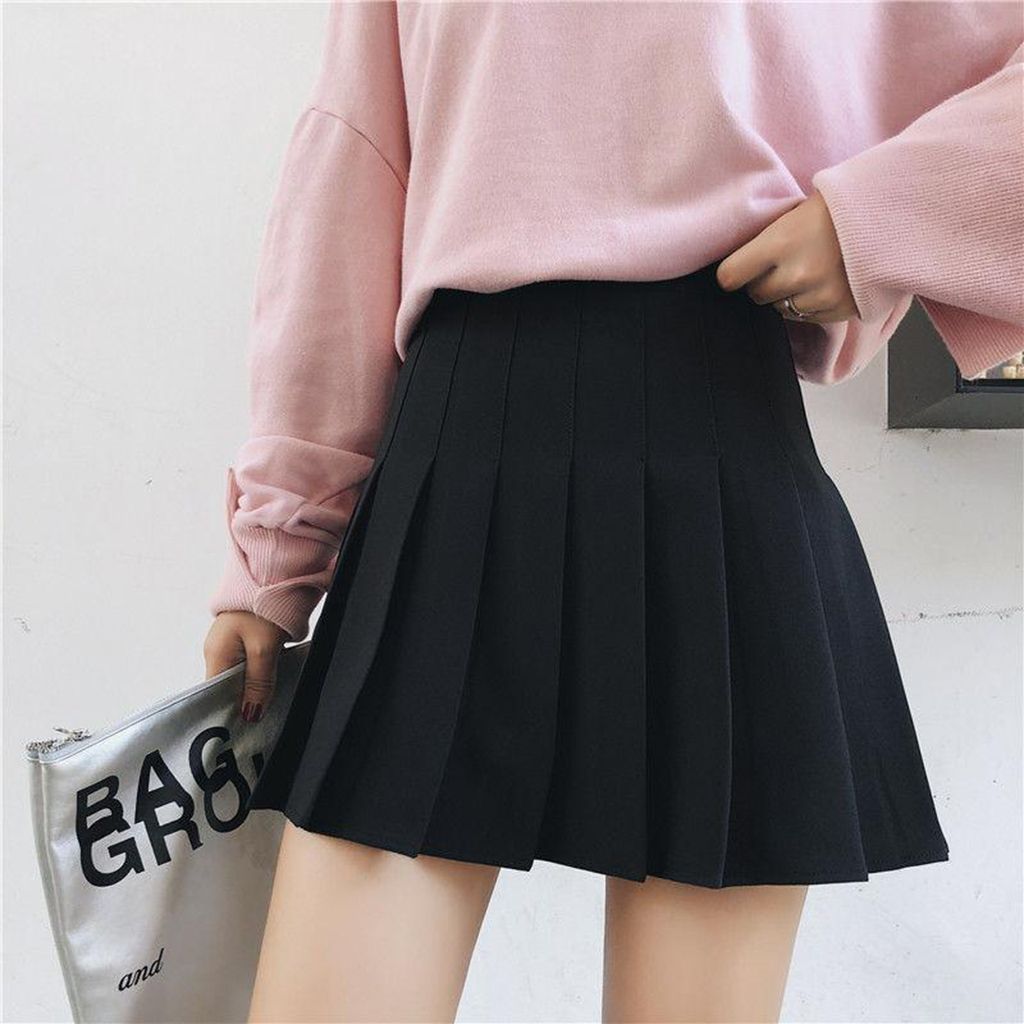 Womens Pleated Skirt High Waist Zip Lining Short Black S