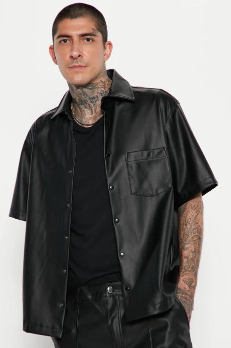 Faux Leather Short Sleeve Shirt With Cargo Pant - Black