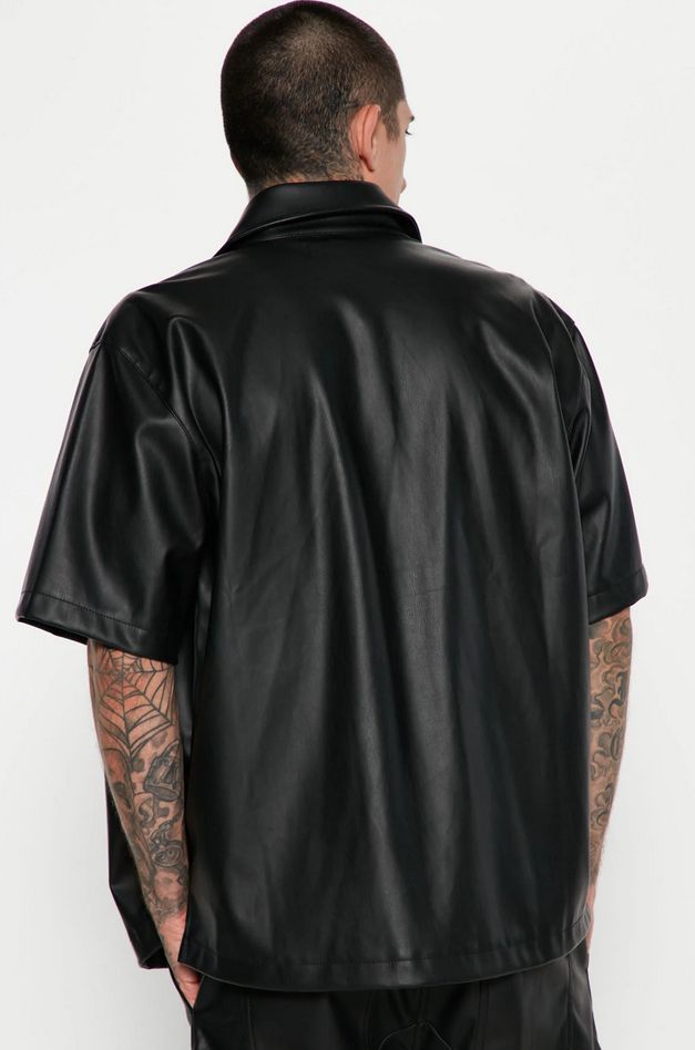 Faux Leather Short Sleeve Shirt With Cargo Pant - Black