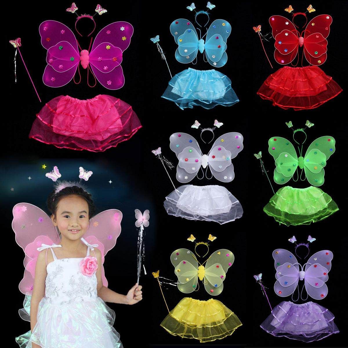 4Pcs/Set Fairy Princess Butterfly Party Costume Wings Wand Headband Skirt Dress Pink Pink