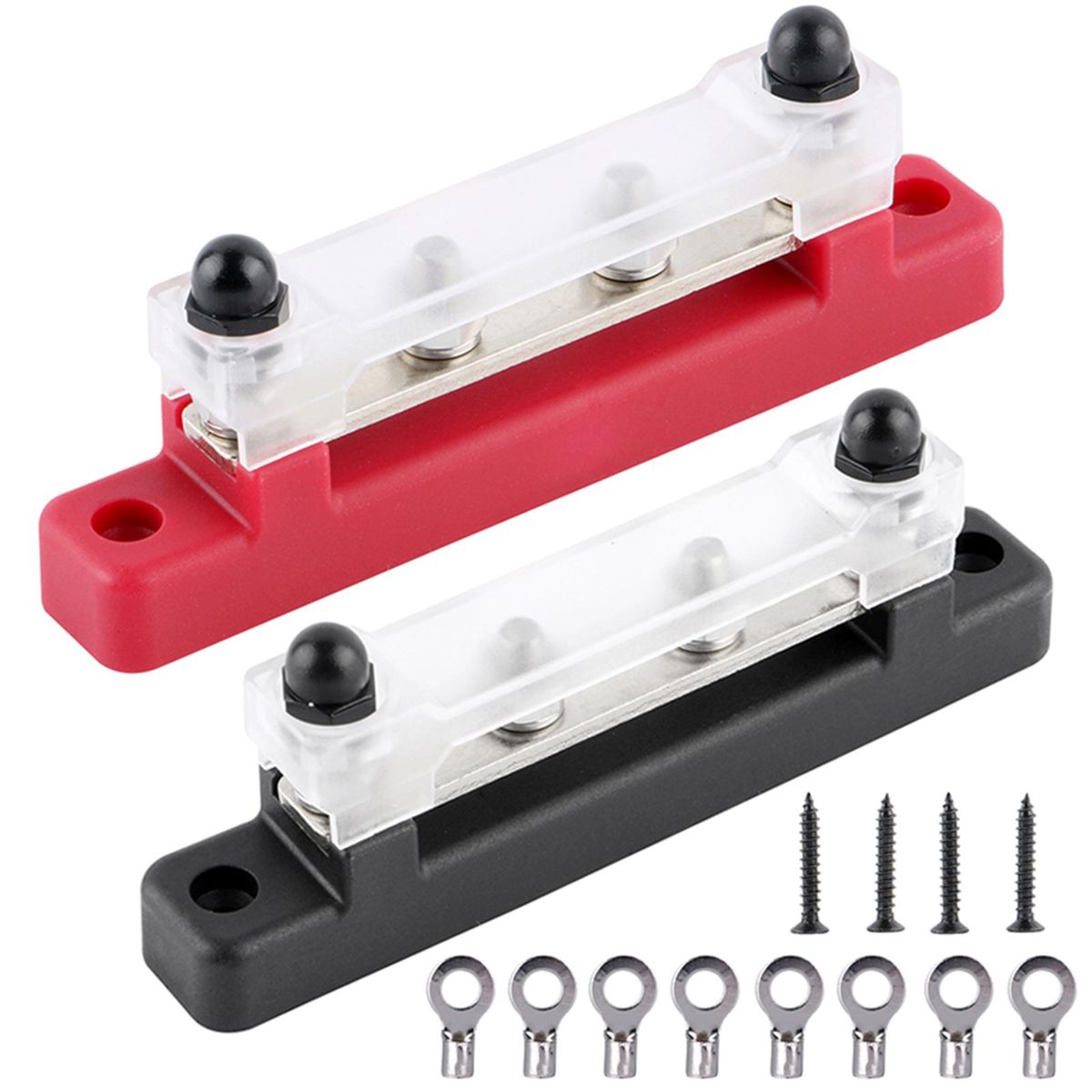 Bus Bar M6*4 Single-row Nylon Base BusBar Block with Cover Ground Power Distribution Red+Black 2 Pcs 8 Terminals Included for Car Boat Marine Caravan RV