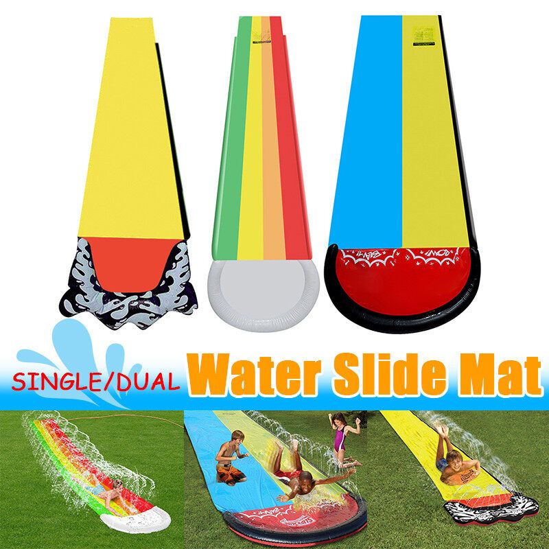 (W/ Pipe Connector) Inflatable Surf Water Slide Mat Portable Children Outdoor Water Sports Toy Water Skater Summer Pool Game Water Spray Toy For Kids Yard Lawn Park Garden Dual Slides