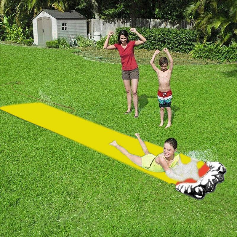 (W/ Pipe Connector) Inflatable Surf Water Slide Mat Portable Children Outdoor Water Sports Toy Water Skater Summer Pool Game Water Spray Toy For Kids Yard Lawn Park Garden Dual Slides