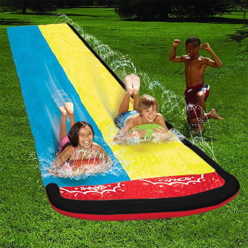 (W/ Pipe Connector) Inflatable Surf Water Slide Mat Portable Children Outdoor Water Sports Toy Water Skater Summer Pool Game Water Spray Toy For Kids Yard Lawn Park Garden Dual Slides