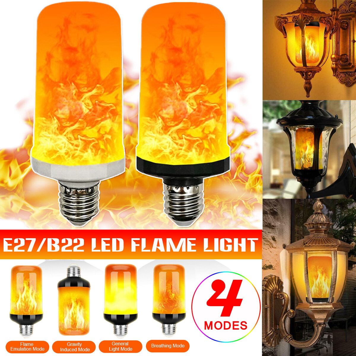 E27 B22 Flame Effect Light Bulb Flickering Bulb Lamp Gravity Sensor LED Light Bulb E27-White-102 Beads