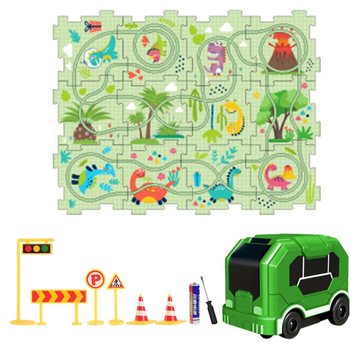 Racing Adventure Toy City Map Puzzle Rail Car Set Exciting for Kids Green