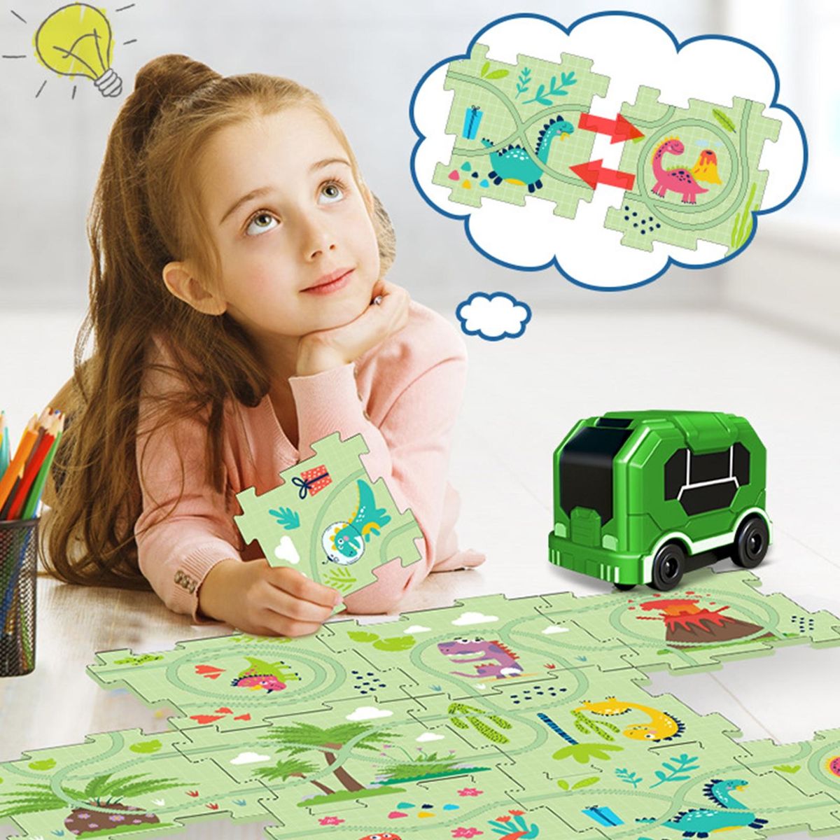 Racing Adventure Toy City Map Puzzle Rail Car Set Exciting for Kids Green
