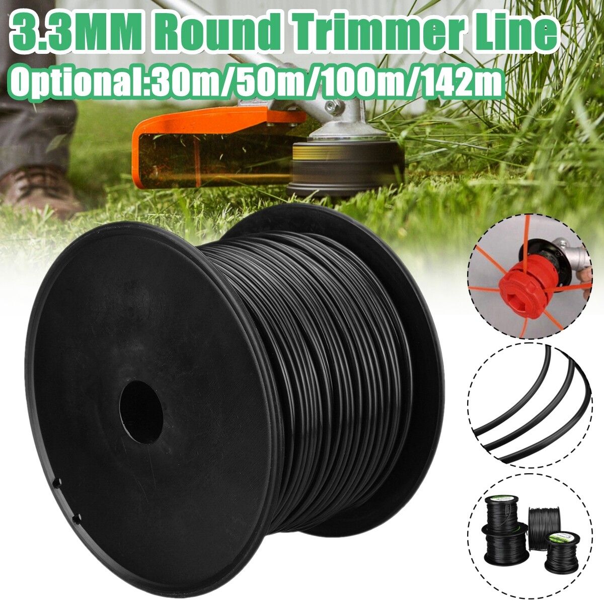 3.3mm Heavy Duty Nylon Round Trimmer Line Brushcutter Rope 30m/50m/100m/142m 30m