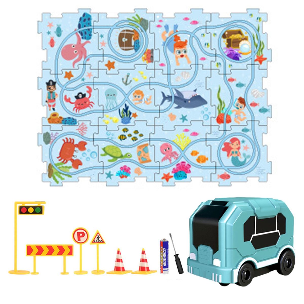 Puzzle Pattern Toy City Map Puzzle Rail Car Set Exciting for Kids Light Blue