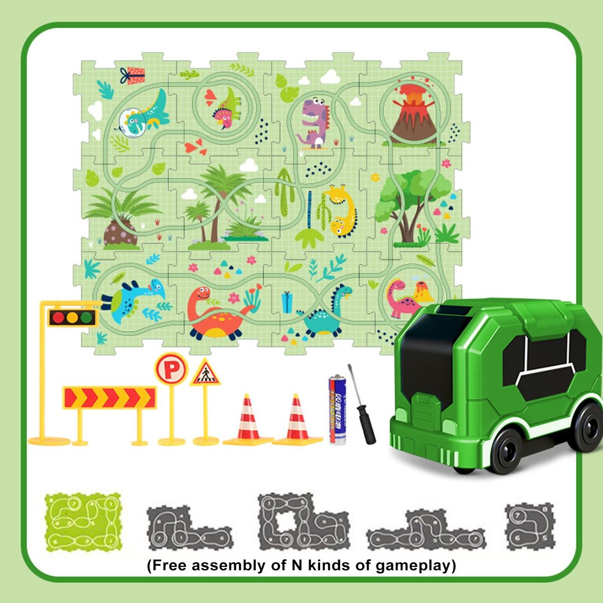 Puzzle Pattern Toy City Map Puzzle Rail Car Set Exciting for Kids Green