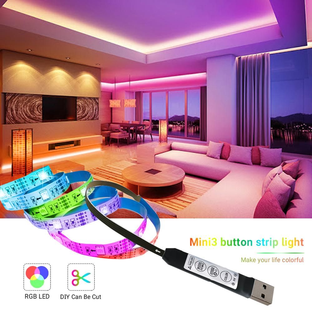 LEDs Strip Light Set USB RGB Flexible LEDs Rope Lighting Mini 3 Button Cuttable Self-adhesive LEDs Strips for Home Party Decoration Restaurant KTV Club DIY
