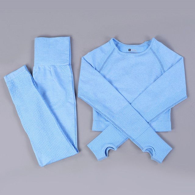 Women 2pcs Seamless Yoga Set Sport Suit Gymwear Blue Set_S
