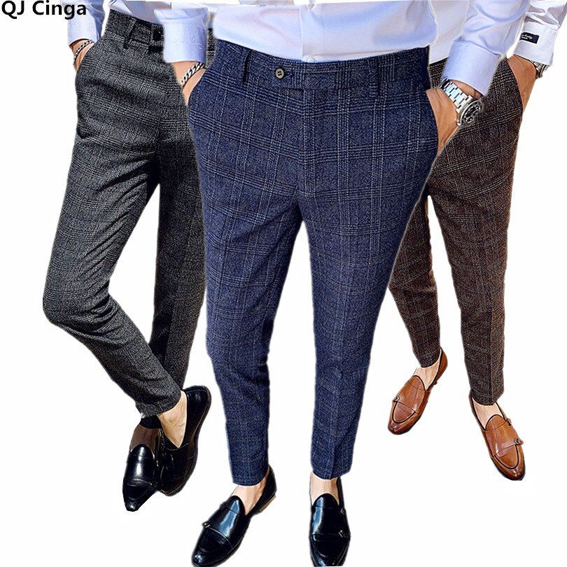 Blue Men's Slim Business Pants British Style Slim Fit Classic Formal Dress
