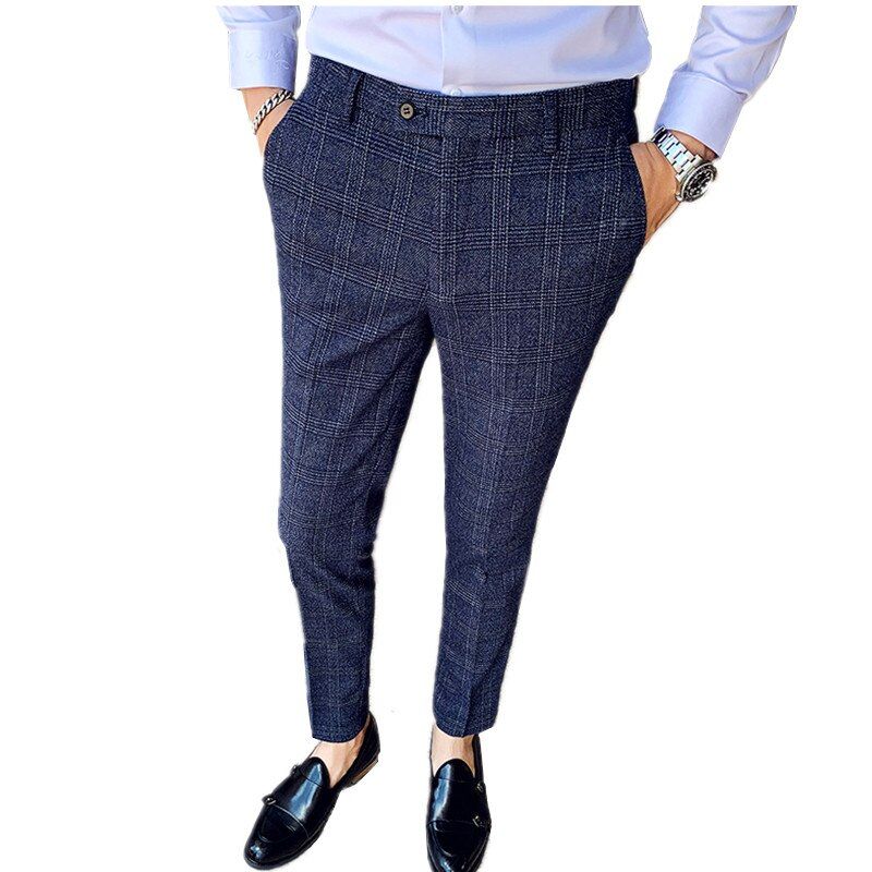 Blue Men's Slim Business Pants British Style Slim Fit Classic Formal Dress