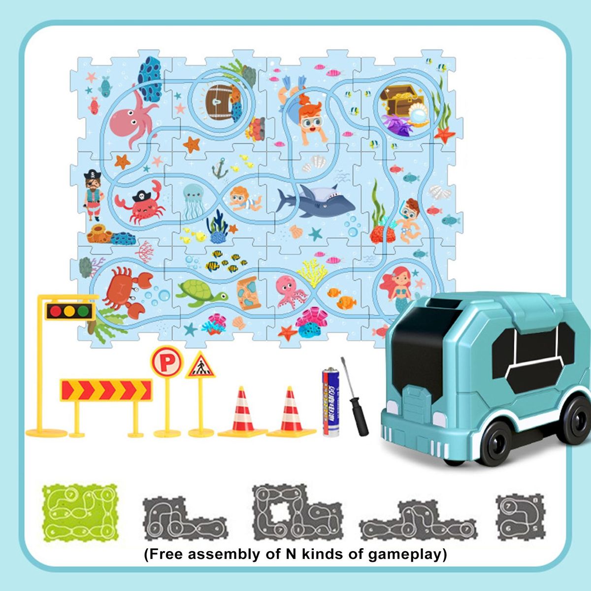 Track Building Toy City Map Puzzle Rail Car Set Exciting for Kids Light Blue