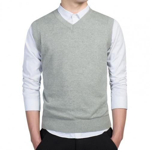 Men Autumn Winter Suit Vests Solid V Neck Gentlemen Sleeveless Waistcoat Cotton Knitted Sweater Business Vest For Wedding Party Light Grey