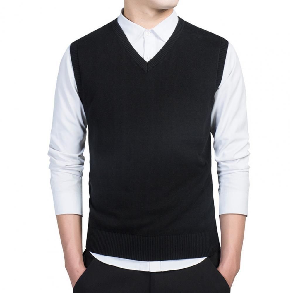 Men Autumn Winter Suit Vests Solid V Neck Gentlemen Sleeveless Waistcoat Cotton Knitted Sweater Business Vest For Wedding Party Light Grey