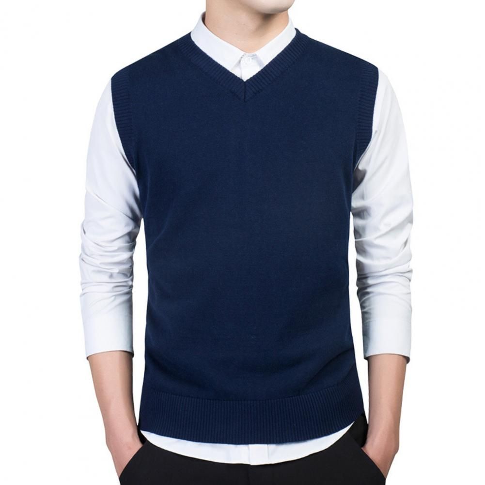 Men Autumn Winter Suit Vests Solid V Neck Gentlemen Sleeveless Waistcoat Cotton Knitted Sweater Business Vest For Wedding Party Light Grey