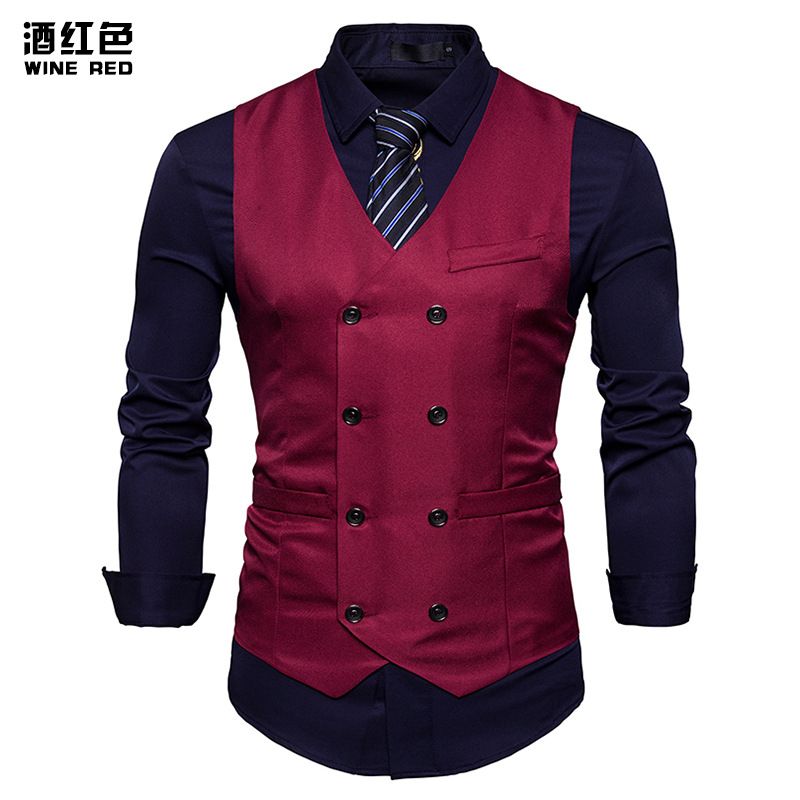 Double Breasted Dress Vest Men Spring Slim Fit Sleeveless Waistcoat Mens Business Wedding Suit Vest Male Wine Red