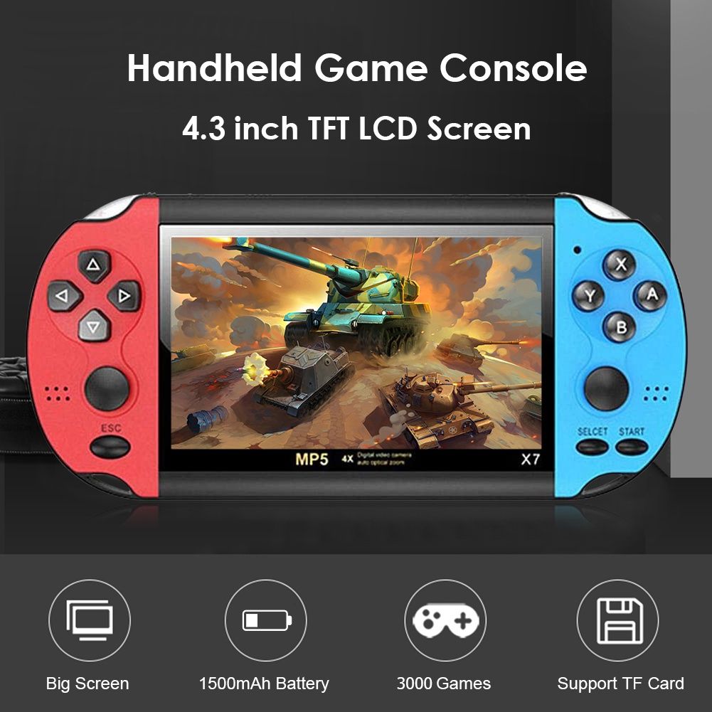 X7 Handheld Game Player 4.3 Inch LCD Display 8GB Double-rocker 3000 Classic Game Retro Mini Pocket Game Console MP5 Video Player（Red&Blue)）