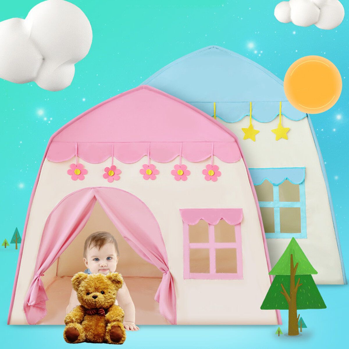 Kids Tent Playhouse Play Teepee Indoor Outdoor Developmental Castle Children Xmas Toys Gift Boys Girls Pink