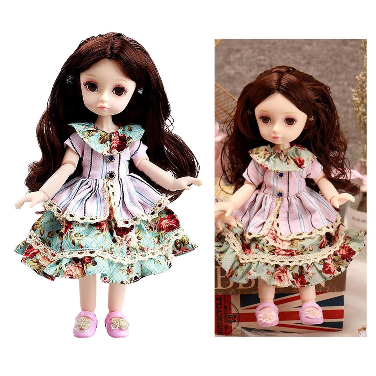 Girl Dolls 10" Jointed Doll DIY Toy With Skirt 4D Eyes Green