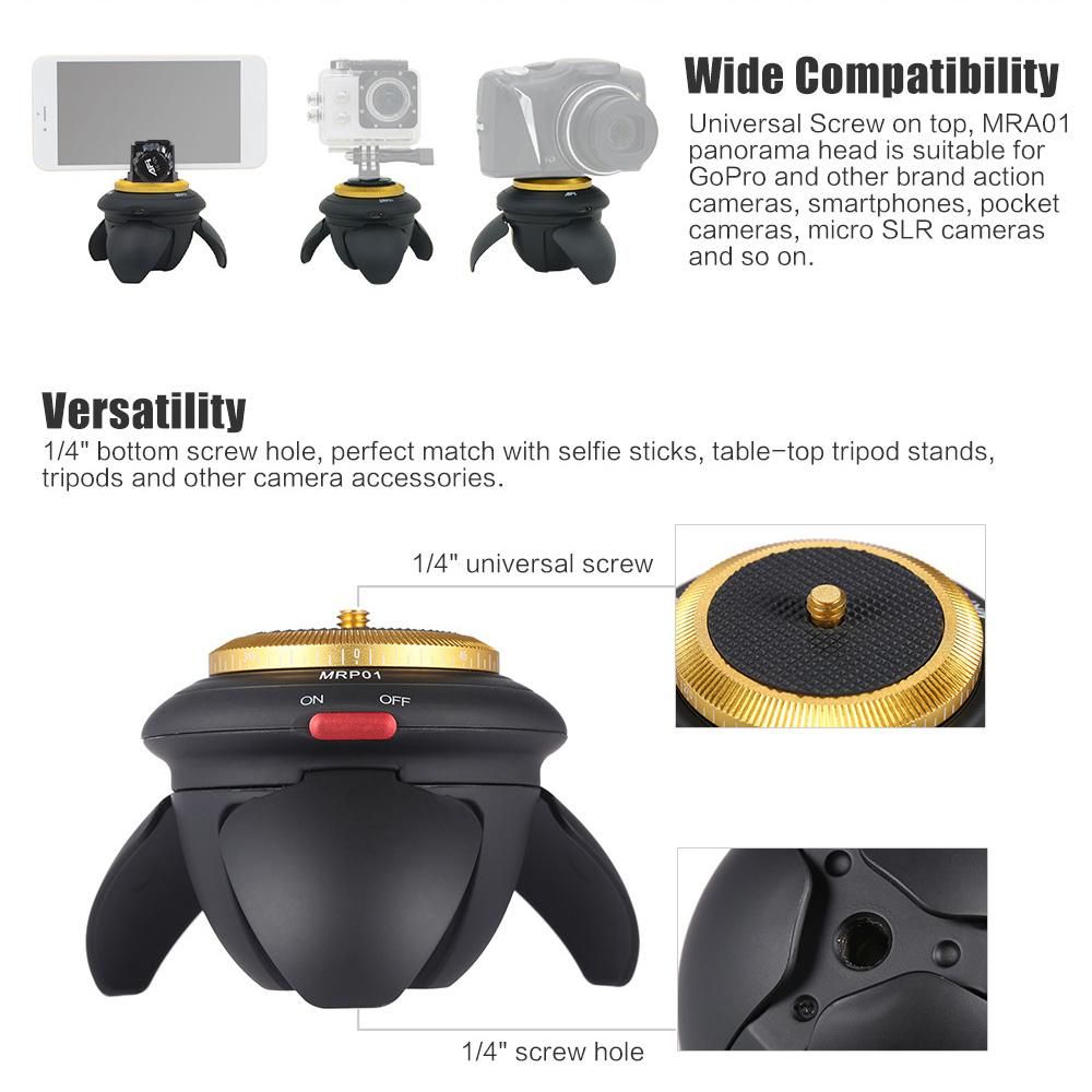 Mini Electric Panorama Head 360° Rotation Time Lapse Tripod Head for Selfie Stick Smartphones for GoPro Action Camera Pocket Camera Micro SLR Camera