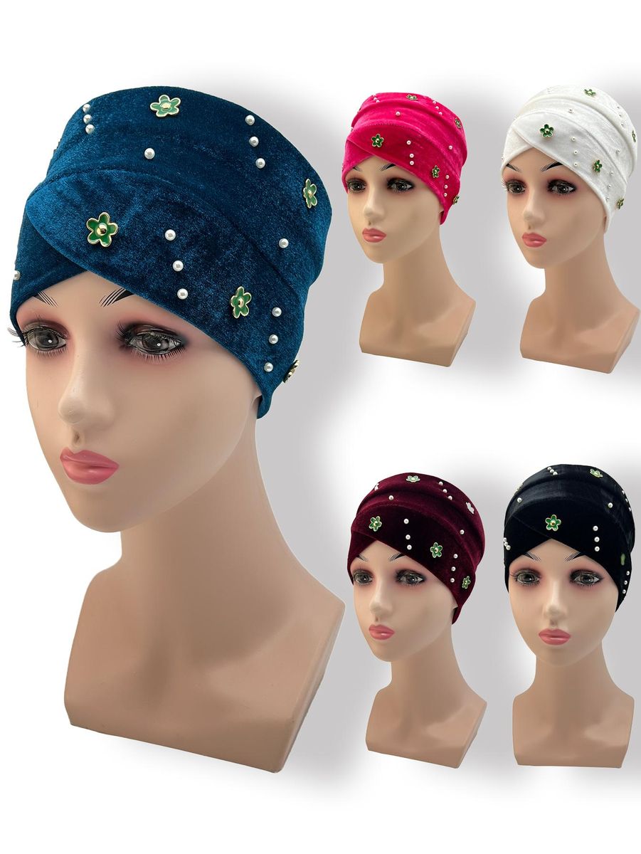 Women'S Hijab  Muslim Hair Accessories Korean Version Velvet Green Small Flower Diamond And Faux Pearl Hijab Hat Headdres