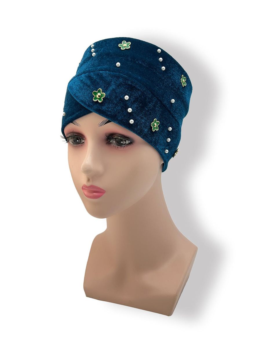 Women'S Hijab  Muslim Hair Accessories Korean Version Velvet Green Small Flower Diamond And Faux Pearl Hijab Hat Headdres