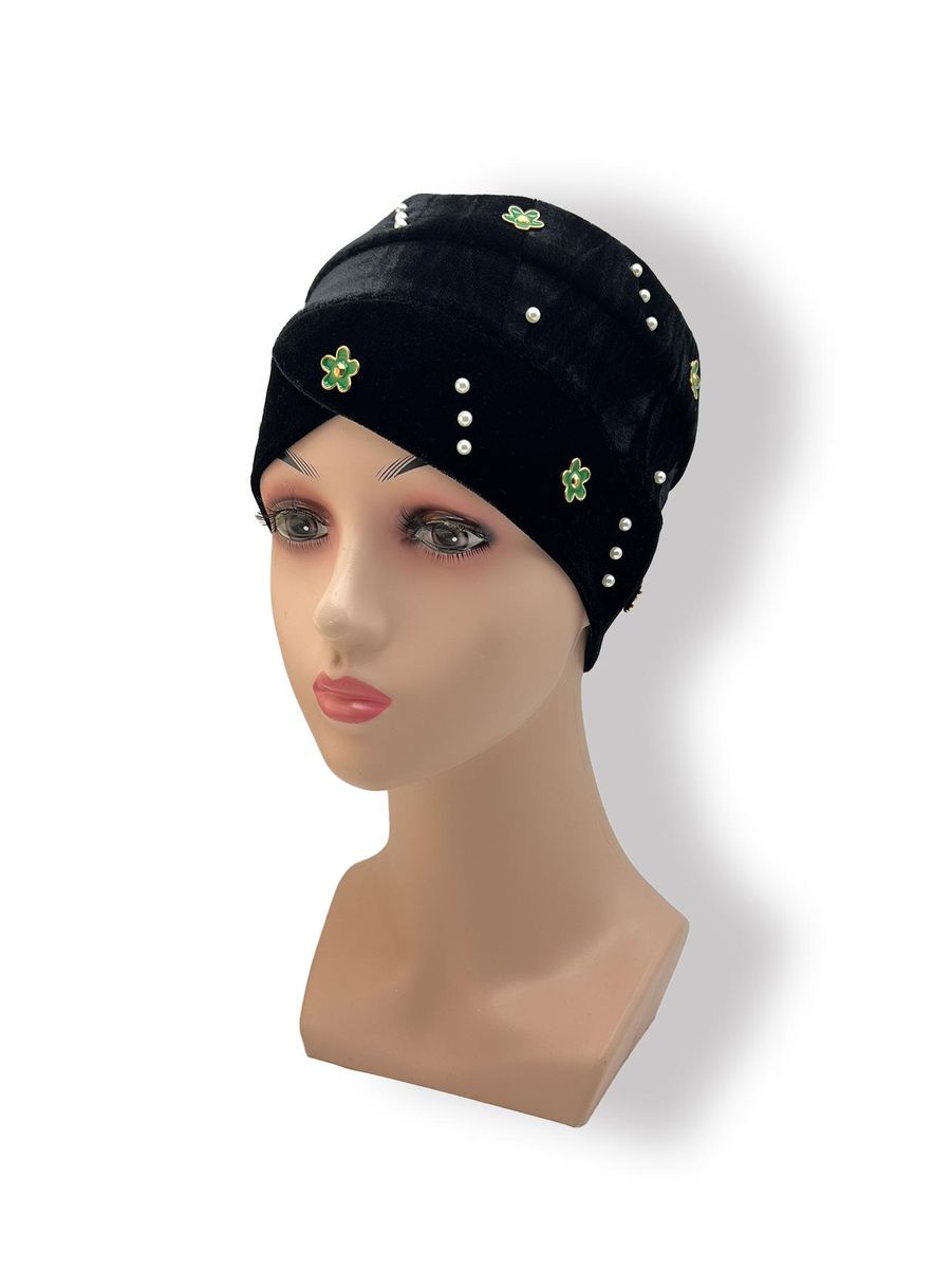 Women'S Hijab  Muslim Hair Accessories Korean Version Velvet Green Small Flower Diamond And Faux Pearl Hijab Hat Headdres
