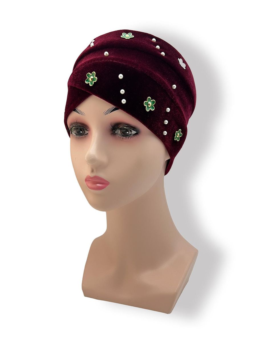 Women'S Hijab  Muslim Hair Accessories Korean Version Velvet Green Small Flower Diamond And Faux Pearl Hijab Hat Headdres