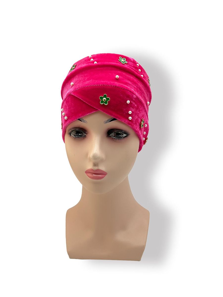 Women'S Hijab  Muslim Hair Accessories Korean Version Velvet Green Small Flower Diamond And Faux Pearl Hijab Hat Headdres