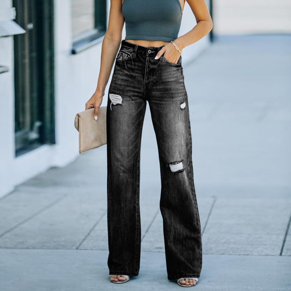 Women Hole Slim Wide Leg Denim Trousers Lady Jeans