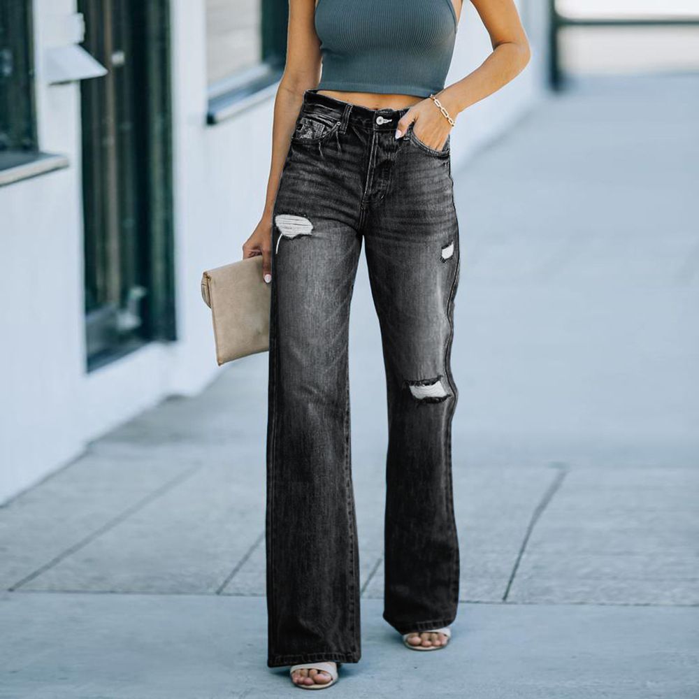 Women Hole Slim Wide Leg Denim Trousers Lady Jeans