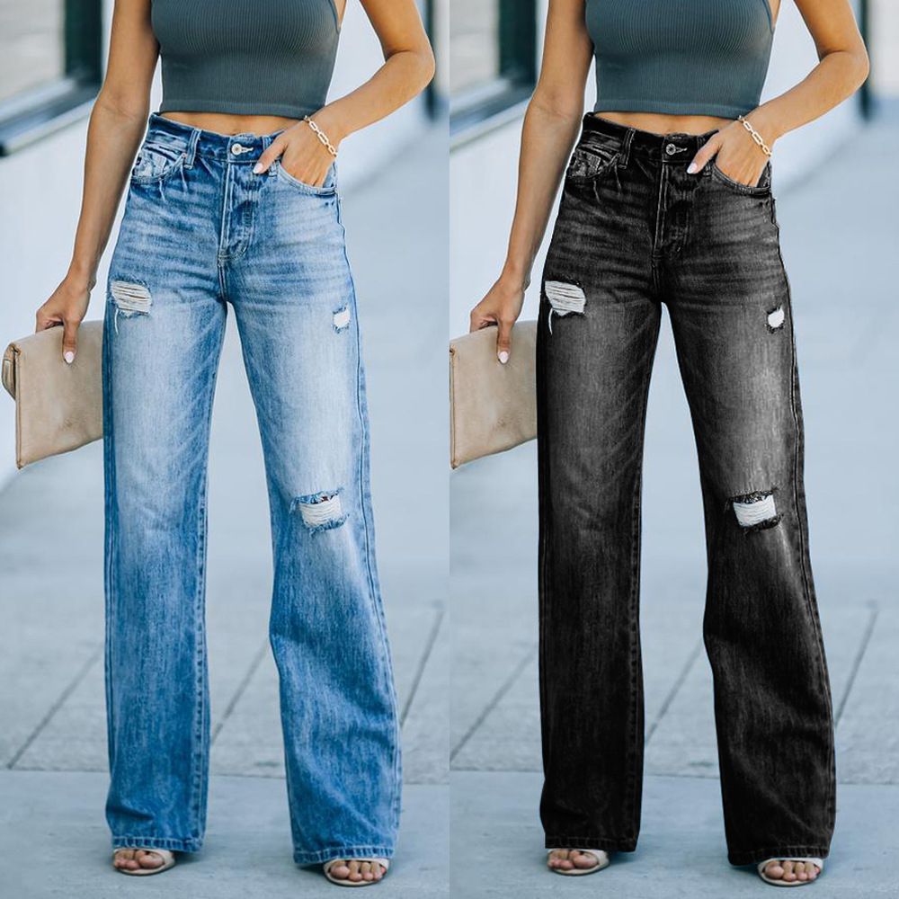 Women Hole Slim Wide Leg Denim Trousers Lady Jeans