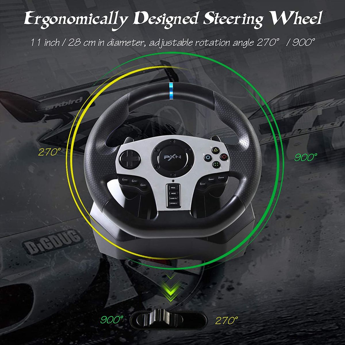 V9 Adjustable Racing Wheel With Clutch Pedals And Shifter,Support Vibration And Headset Function,For Windows PC/PS3/PS4/Xbox One/Xbox Series S & X/Nintendo Switch With 270°/900° Rotation Button