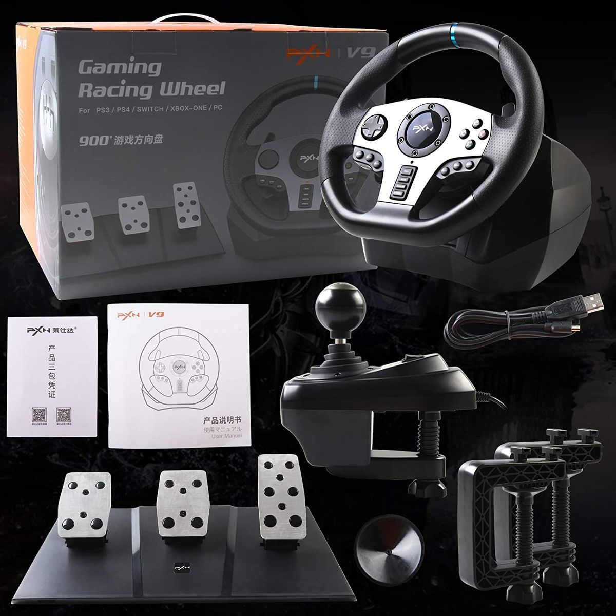 V9 Adjustable Racing Wheel With Clutch Pedals And Shifter,Support Vibration And Headset Function,For Windows PC/PS3/PS4/Xbox One/Xbox Series S & X/Nintendo Switch With 270°/900° Rotation Button