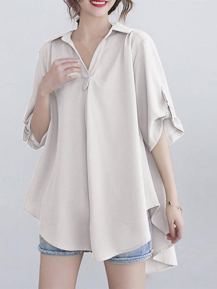 Women Solid Simple Adjustable Sleeve Length High Low V-Neck Lapel Collar Shirt-Black