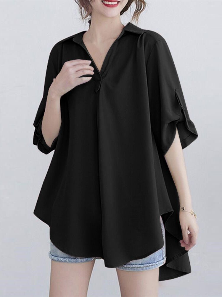 Women Solid Simple Adjustable Sleeve Length High Low V-Neck Lapel Collar Shirt-Black