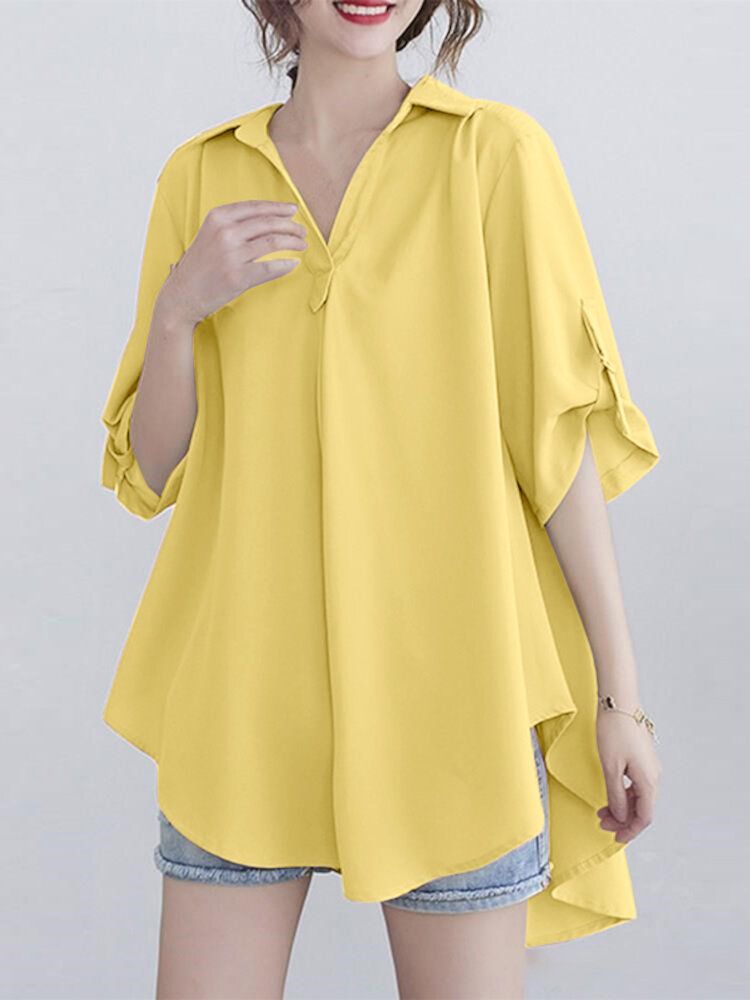 Women Solid Simple Adjustable Sleeve Length High Low V-Neck Lapel Collar Shirt-Black