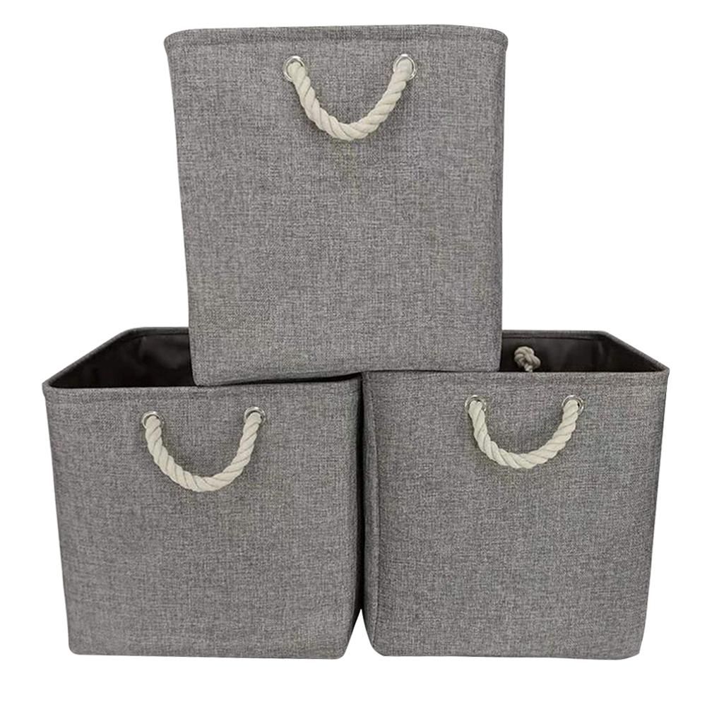 Large Foldable Fabric Linen Storage Bins Set of 3 Collapsible Sturdy Rectangular Baskets with Hemp Rope Handles for Shelves, Closet ( Grey Color)