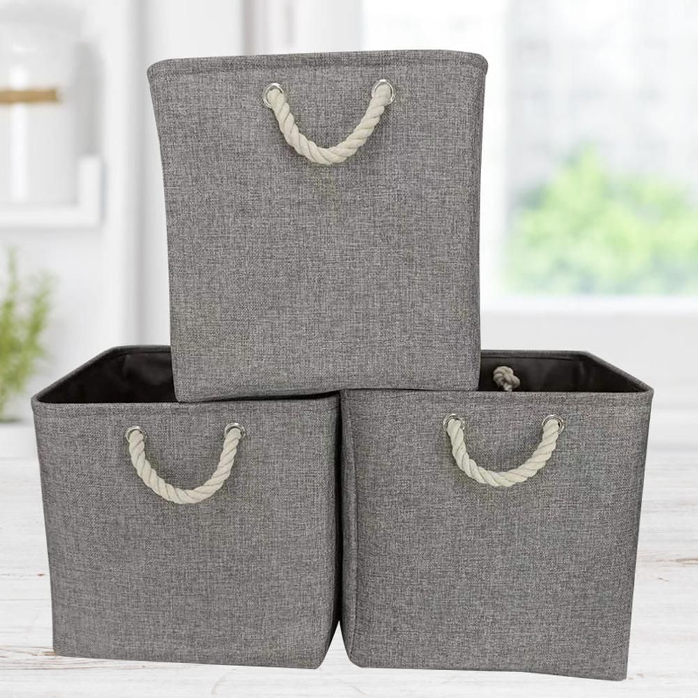Large Foldable Fabric Linen Storage Bins Set of 3 Collapsible Sturdy Rectangular Baskets with Hemp Rope Handles for Shelves, Closet ( Grey Color)