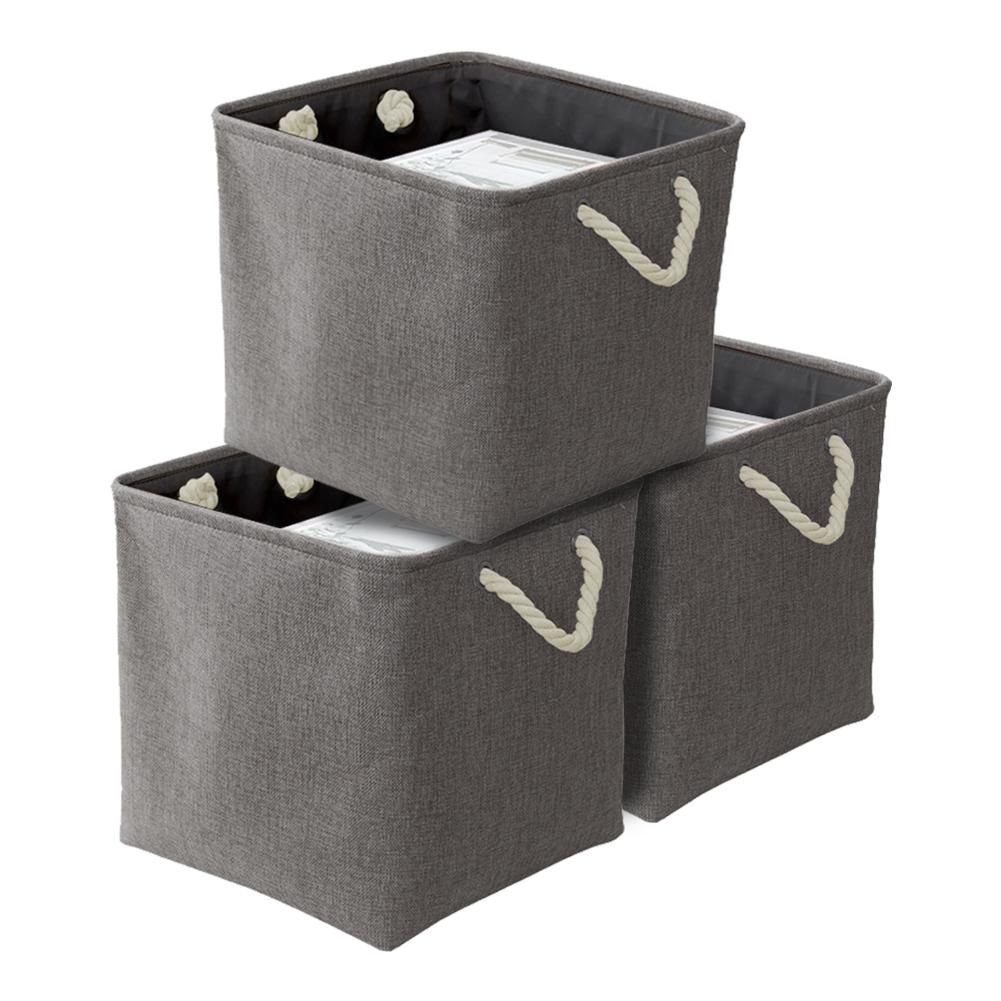 Large Foldable Fabric Linen Storage Bins Set of 3 Collapsible Sturdy Rectangular Baskets with Hemp Rope Handles for Shelves, Closet ( Grey Color)