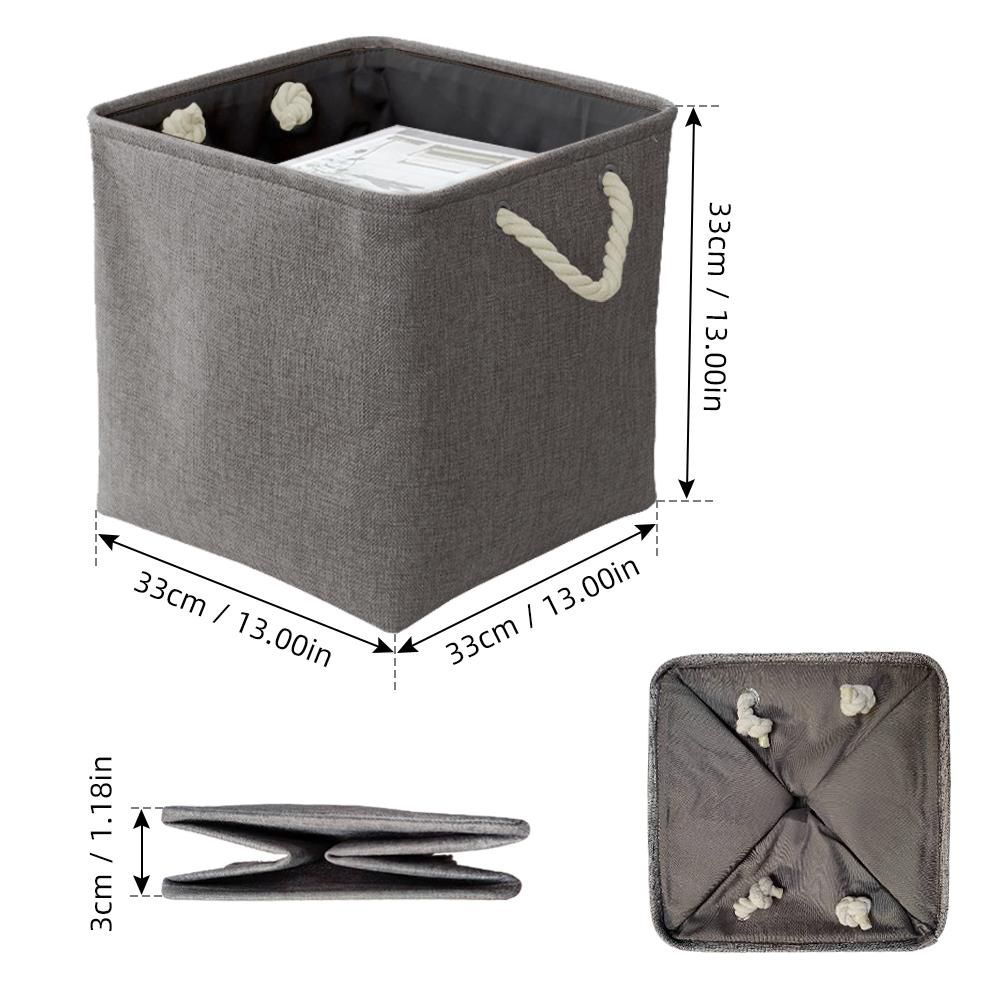 Large Foldable Fabric Linen Storage Bins Set of 3 Collapsible Sturdy Rectangular Baskets with Hemp Rope Handles for Shelves, Closet ( Grey Color)